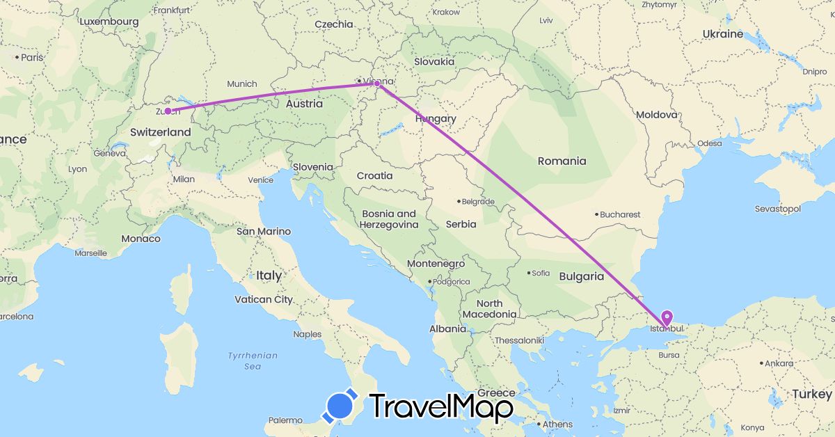 TravelMap itinerary: driving, train in Switzerland, Slovakia, Turkey (Asia, Europe)